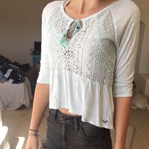 Light blue lace cropped shirt with tie